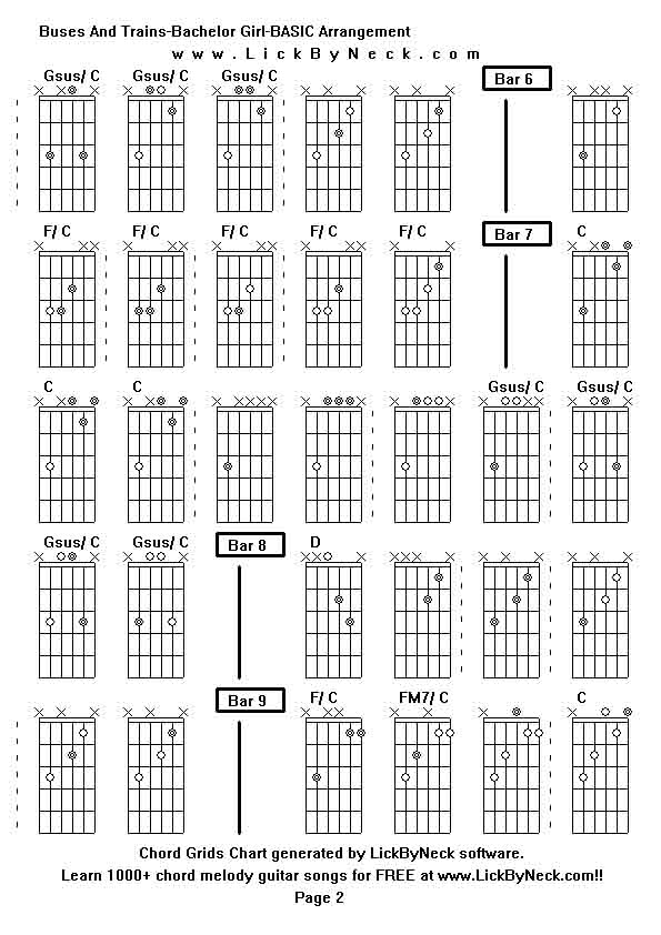 Chord Grids Chart of chord melody fingerstyle guitar song-Buses And Trains-Bachelor Girl-BASIC Arrangement,generated by LickByNeck software.